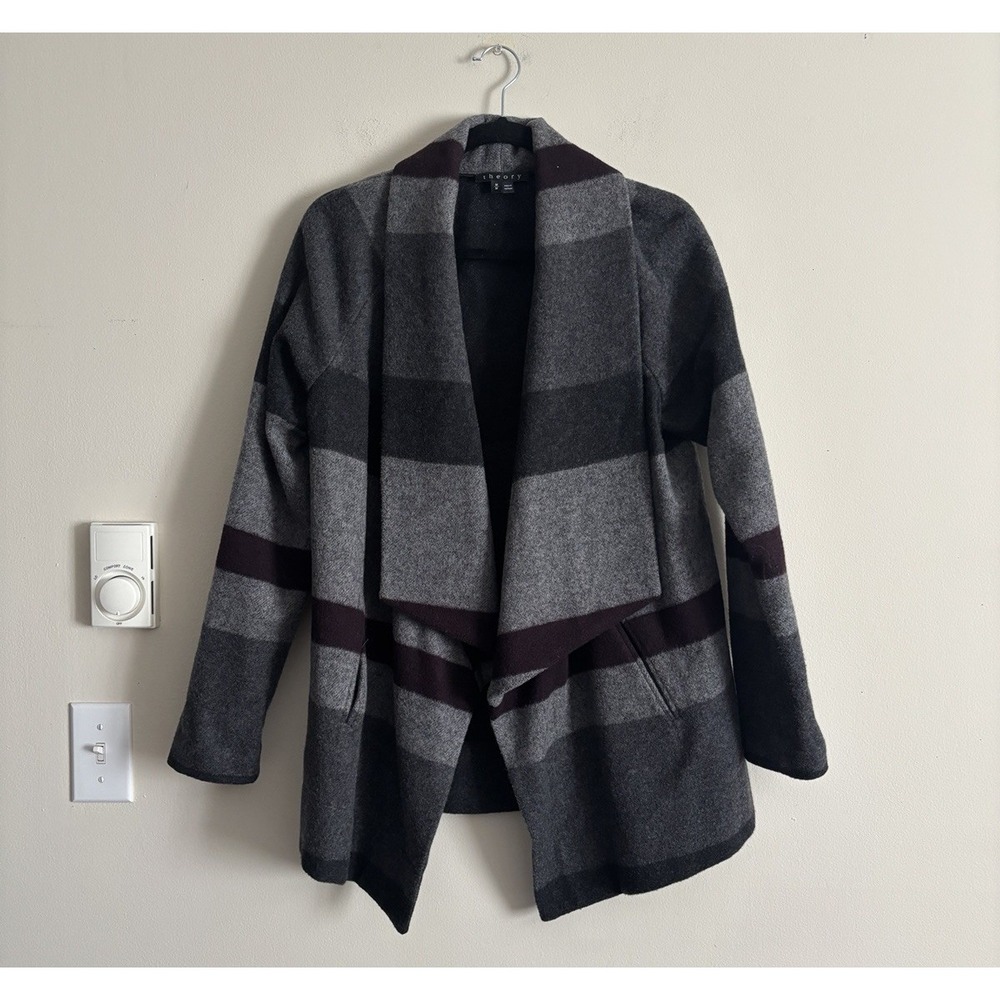 Theory Clarania Waterfall Open Front Cardigan WOOL Gray Purple Pockets Medium‎
